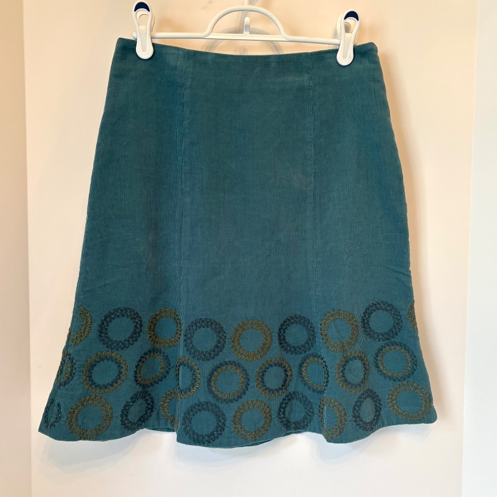 Boden Starburst Hem Embroidered Cotton Corduroy Skirt 2 P Mallard Green Blue